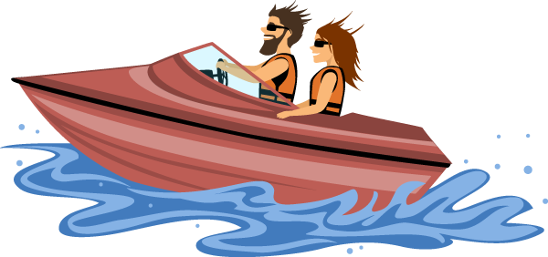 illustration of couple smiling as they ride along the water in a speedboat